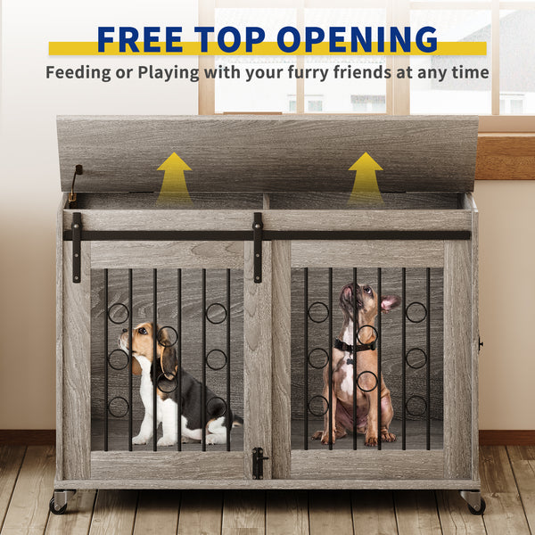 Stylish Dog Crate Furniture with Sliding Barn Door - 39'' Movable Crate with Wheels, Side Door, Detachable Divider, and Flip-Top Design for Small to Medium Dogs
