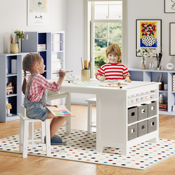 Kids Art Table and Chair Set, Kids Craft Table with Two Chairs, Storage Shelves, Canvas Bins, Paper Roll, Wooden Children Study Desks, Kids Desk and Chair Set for Drawing and Painting