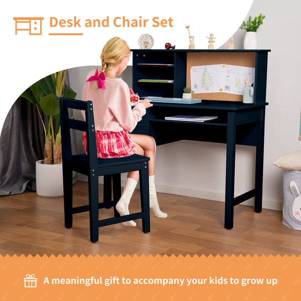 linor Kids Desk and Chair Set, Wooden Children Study Table with Hutch/Drawer & Bulletin Board, Student Study Desks Computer Desk Art Desk for Bedroom Study Room