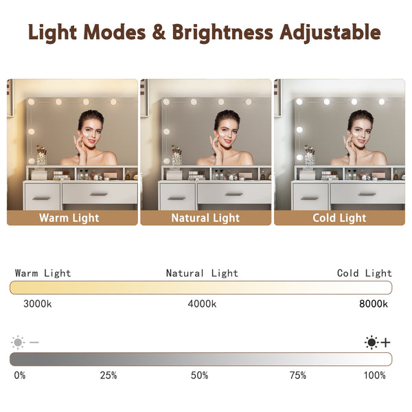 Makeup Vanity Desk with Lights and Mirror, 46.5'' White Vanity with 7 Drawers&Power Outlet, 3 Color Lighting Modes Adjustable Brightness, Bedroom Vanity Desk for Women, Girls