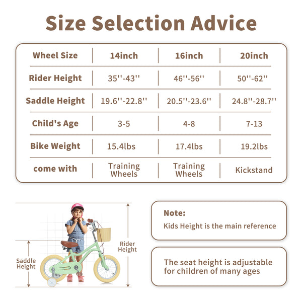 Kids Bike, 14 16 20 inch Girls Bike for 5-14 Girls with Training Wheels, Kickstand, Retro Design Kids' Bicycles with Basket, Girls Bicycle