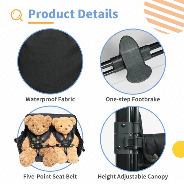 Wagon Stroller for 4 Kids, Linor Stroller Wagon 4 Seater Featuring 4 High Seat with Footwell, 5-Point Harnesses and Adjustable Canopy, Foldable Double Push Bar Baby Wagon for Camping