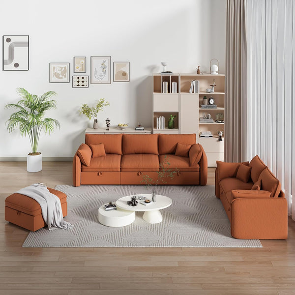 Akaber Modular Sectional Sofa, 107 Inch Couch with Movable Storage Ottoman, 25 Inch Deep Seat, Cloud Couches for Living Room, Orange