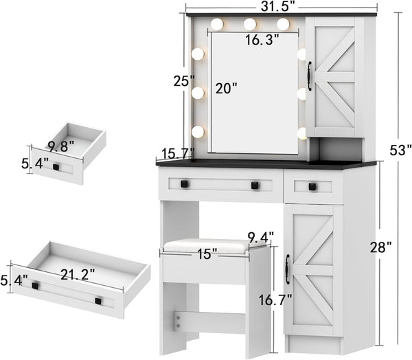 Vanity Desk with Mirror and Lights, 31.5" Farmhouse White Makeup Vanity Desk with Power Outlet, 2 Drawers & 2 Cabinets, 3 Color Lighting Mode, Bedroom Vanity Desk, Vanity Desk with Lighted Mirror