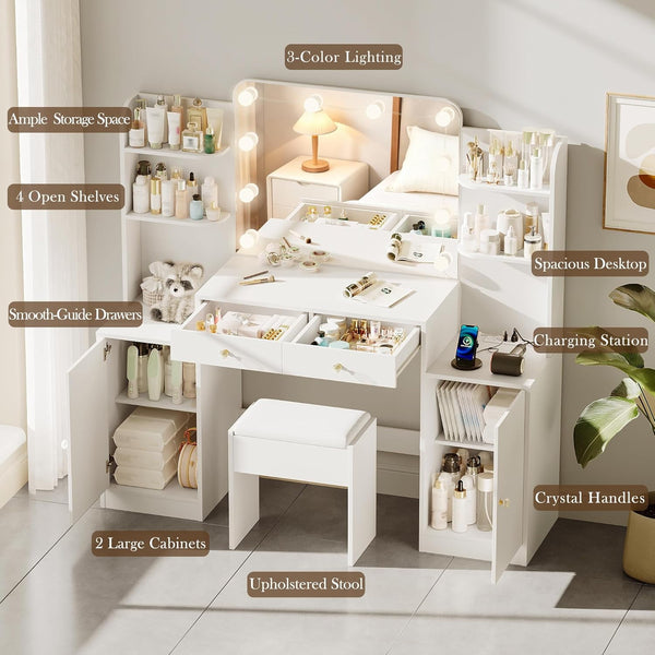 53" White Vanity Set with Mirror and Lights, Akaber Makeup Vanity Desk with Chair and Charging Station for Bedroom
