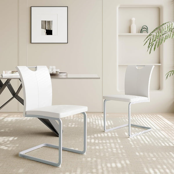 Akaber Modern Dining Chairs Set of 6, Faux Leather Upholstered Dining Room Side Chair with High Back, Metal Legs and Portable Handle, Armless Kitchen Chairs Set, White