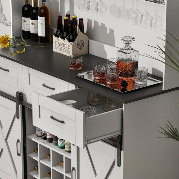 52" Coffee Bar Cabinet, Farmhouse Liquor Bar w/Storage Shelves and 3-Row Glass Holder