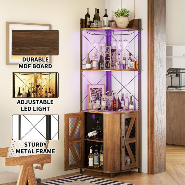 Corner Bar Cabinet with RGB LED Lights and Power Outlet, 63 Inch, 5-Tier Industrial Corner Wine Cabinet with Glass Holder, Corner Liquor Cabinet for Home, Coffee Bar Cabinet