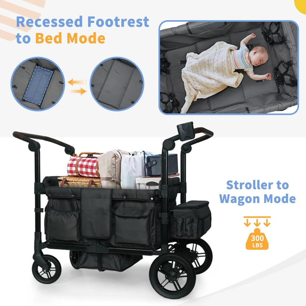 Wagon Stroller for 4 Kids, Linor Stroller Wagon 4 Seater Featuring 4 High Seat with Footwell, 5-Point Harnesses and Adjustable Canopy, Foldable Double Push Bar Baby Wagon for Camping