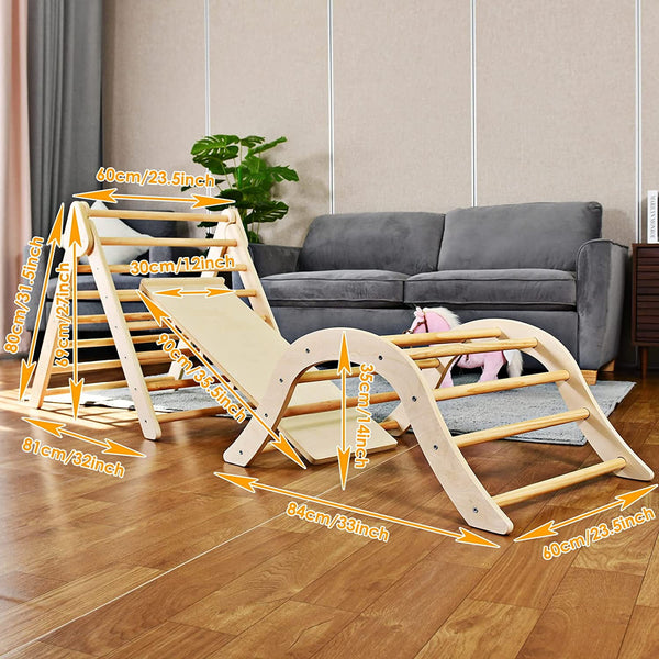 3 in-1 Foldable Triangle Ladder, Wooden Climber with Ramp, Montessori Climbing Toys, Climbing Gym for Toddlers 1-3 with Arch, Indoor Outdoor Playground Climbing Toys for Babys