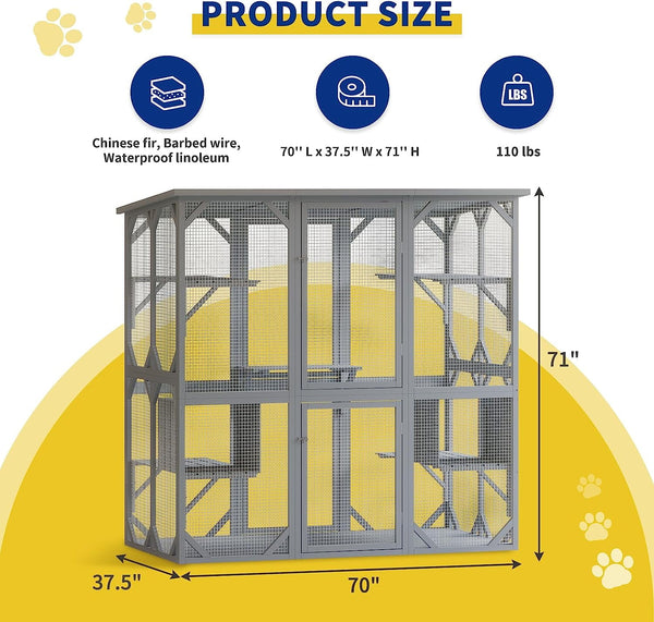 Catio, Extra Large 71'' Outdoor Cat Enclosure with 6 Platforms, Outdoor Cat House with Fir Wood, Weatherproof Kitty Catio with 2 Resting Box