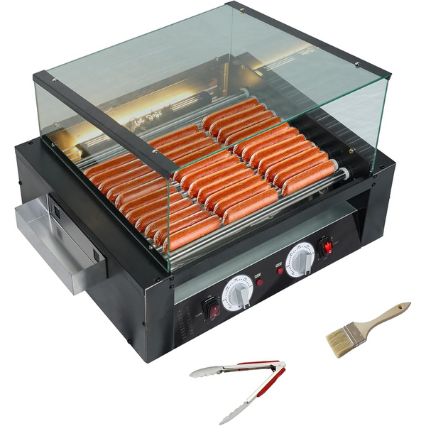 1400W Hot Dog Roller, 11 Rollers Large Capacity Hot Dog Machine, Dual Temp Control Stainless Hotdog Roller Grill with Glass Guard, LED Warm Light for Commercial, Party, BBQ