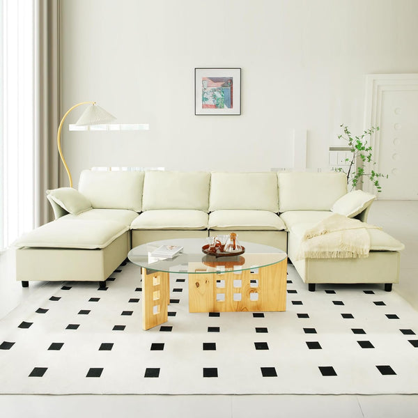 Akaber 130" U-Shaped Cloud Sectional Sofa, Modular Velvet Convertible Sofa Bed with Storage, Plush Living Room Couch(Beige)