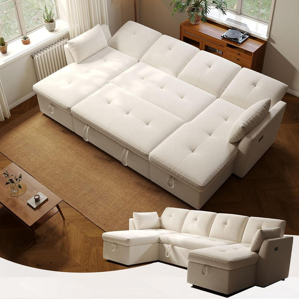 4-in-1 Sleeper Sofa with Storage Chaise Lounge, Pipleo 106" Convertible Sectional Sofa Bed, USB Charging, Modern Living Room Furniture, Quick Assembly