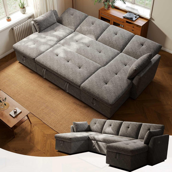 4-in-1 Sleeper Sofa with Storage Chaise Lounge, Pipleo 106" Convertible Sectional Sofa Bed, USB Charging, Modern Living Room Furniture, Quick Assembly