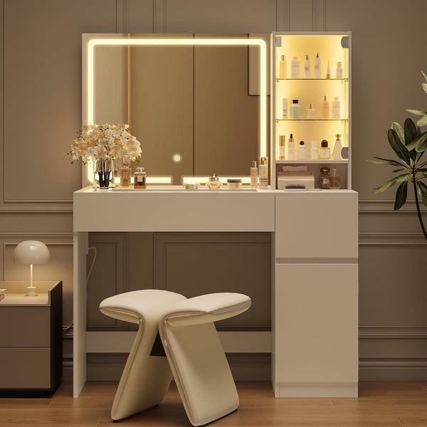 41" Makeup Vanity Desk with Mirror and Lights, Wanan White Vanity with Power Outlet, Jewelry Storage, Vanity Table with Glass Top, 3 Lighting Modes, LED Cabinet