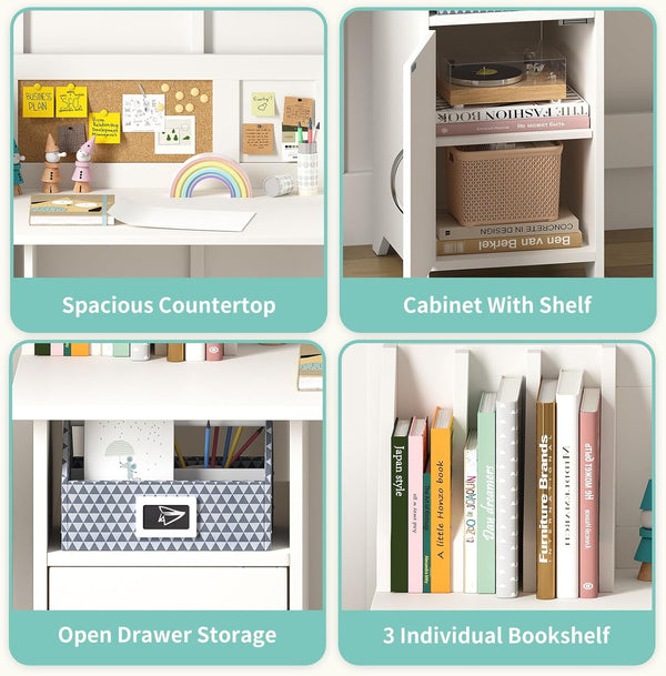 White Kids Study Desk with Chair, Wooden Kids Study Desk and Chair Set, Study Table for Boys and Girls, Kids Computer with Storage Drawers, Bookshelf and Bullentin Board