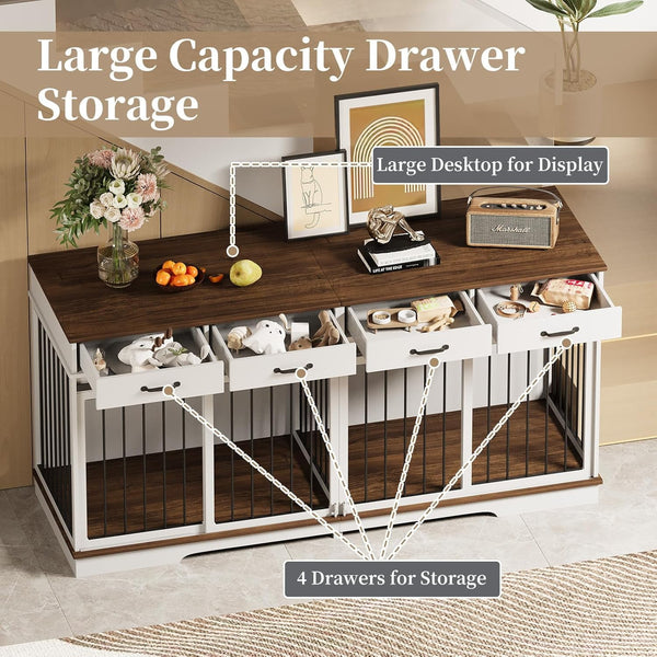 71" Extra Large Dog Crate Furniture, ICEELF Steel Frame Dog Crates with 4 Drawers, Divider, Sliding Barn Door for Small Medium Large Dogs, Indoor Luxury Double Dog Kennel Furniture for 2 Dogs