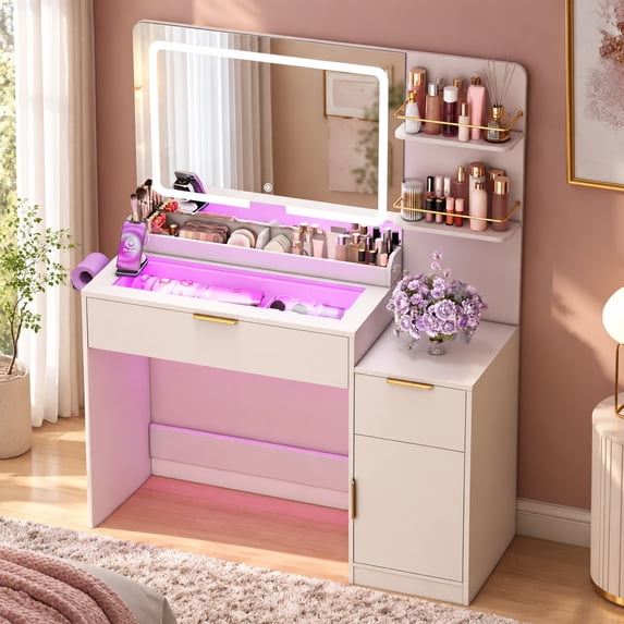 42" Makeup Vanity Desk with Selfie Mirror & Lights, Smart RGB Drawer & Velvet Dividers, Glass Top, APP & Remote, Music Sync Lights & Timer, Metal Guard Shelves, Flexible Cabinet, Outlet for Bedroom