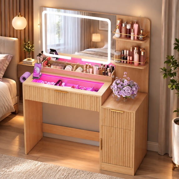 42" Makeup Vanity Desk with Selfie Mirror & Lights, Smart RGB Drawer & Velvet Dividers, Glass Top, APP & Remote, Music Sync Lights & Timer, Metal Guard Shelves, Flexible Cabinet, Outlet for Bedroom