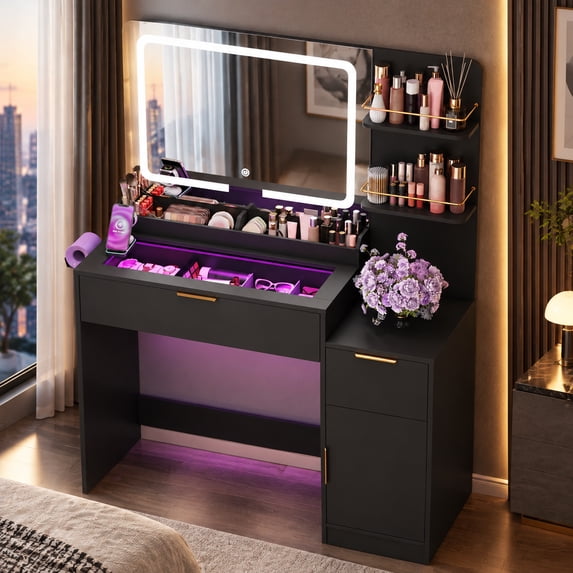 42" Makeup Vanity Desk with Selfie Mirror & Lights, Smart RGB Drawer & Velvet Dividers, Glass Top, APP & Remote, Music Sync Lights & Timer, Metal Guard Shelves, Flexible Cabinet, Outlet for Bedroom