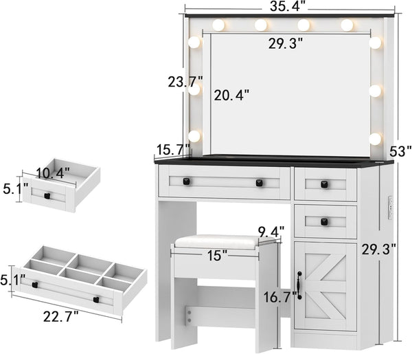 35.4" Makeup Vanity Desk with Mirror and Light,Glass Tabletop Farmhouse White Vanity with Power Outlet & 3 Drawers, 3 Color Lighting Mode, Bedroom Vanity Desk for Girl, Women