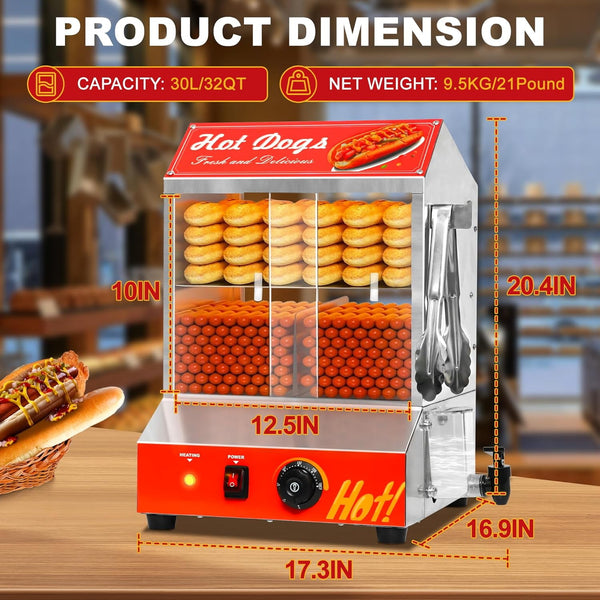 Pipleo 32QT Hot Dog Steamer, 1000W, 30 L, Holds 175 Hotdogs and 40 Buns, Commercial Hot Dog Steamer