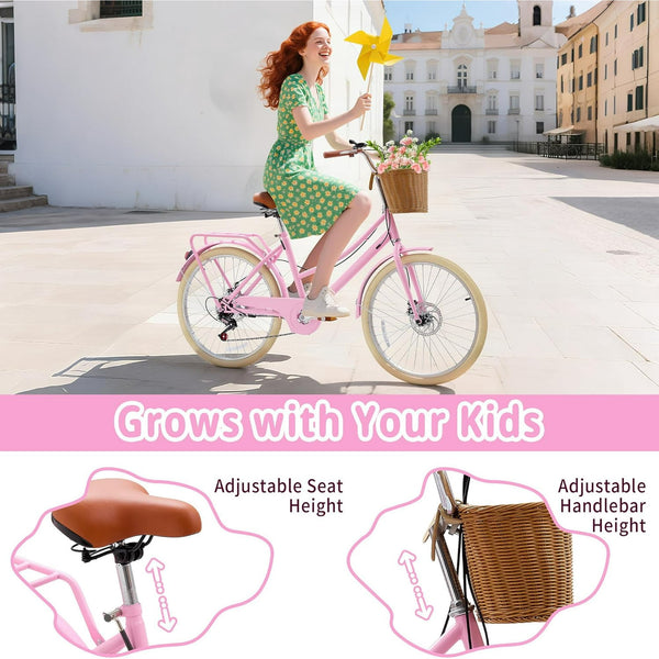 DEYGIA Kids Bike, 20 Inch 7-Speed Retro Cruiser Girl Bike, Kids Bicycles for Ages 6-15 Girls Youth with Rattan Basket, Dual-Disc Brake Carbon Steel Frame Lightweight Bicycle, Easy Assembly