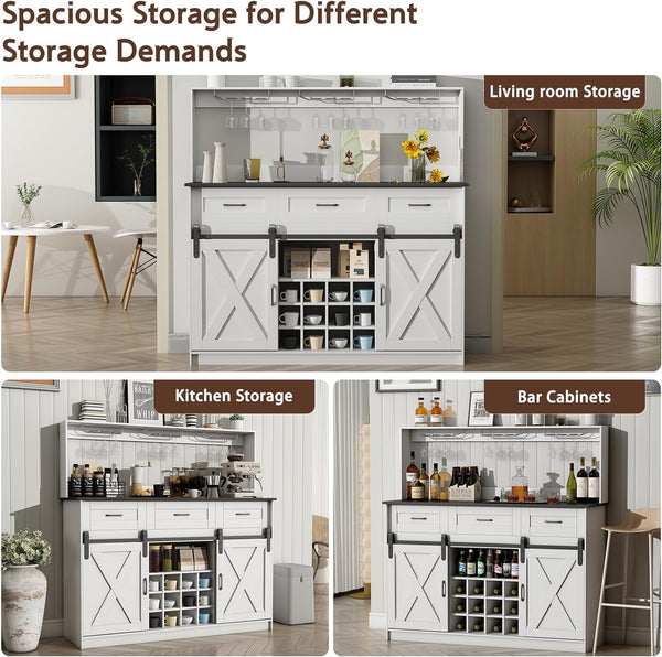 52" Coffee Bar Cabinet, Farmhouse Liquor Bar w/Storage Shelves and 3-Row Glass Holder