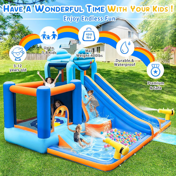 Akaber 10-in-1 Giant Inflatable Water Slide Park for Kids, 2 Min Blow Up Backyard Water Park with Large Slide, Pool, Tunnel, Bounce House, Basketball Hoop, Climbing Wall & Air Blower
