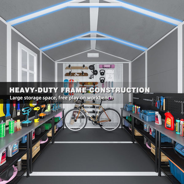 9 x 5.8 FT Outdoor Storage Shed, Linor Resin Shed with Floor, Window, and Vents, Weather-Resistant Garden Shed for Garden Tool Outside Sheds, Bike Shed, Backyard Shed