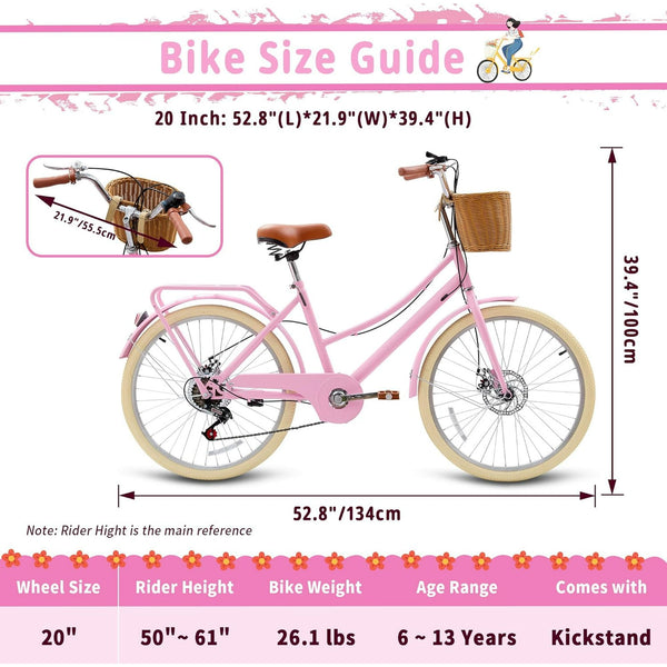 DEYGIA Kids Bike, 20 Inch 7-Speed Retro Cruiser Girl Bike, Kids Bicycles for Ages 6-15 Girls Youth with Rattan Basket, Dual-Disc Brake Carbon Steel Frame Lightweight Bicycle, Easy Assembly