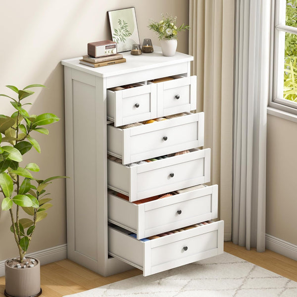 Akaber 6 Drawer Dresser for Bedroom, White Modern 43.3'' Tall Wood Dresser with Anti-Tip Kit, Storage Organizer