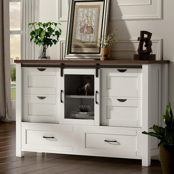 48" Farmhouse with 6 Drawers, 2 Shelves, and Sliding Barn Doors, Linor Farmhouse Chests of Drawers for Bedroom, Drawer Dresser TV Stand for Living Room, Antique White