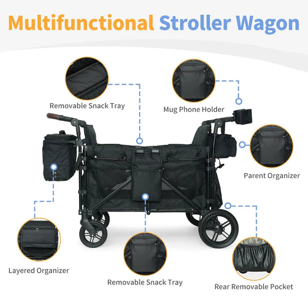 Wagon Stroller for 4 Kids, Linor Stroller Wagon 4 Seater Featuring Convertible High Seat, 5-Point Harnesses and Adjustable Canopy, Foldable Double Push Bar Baby Wagon for Camping