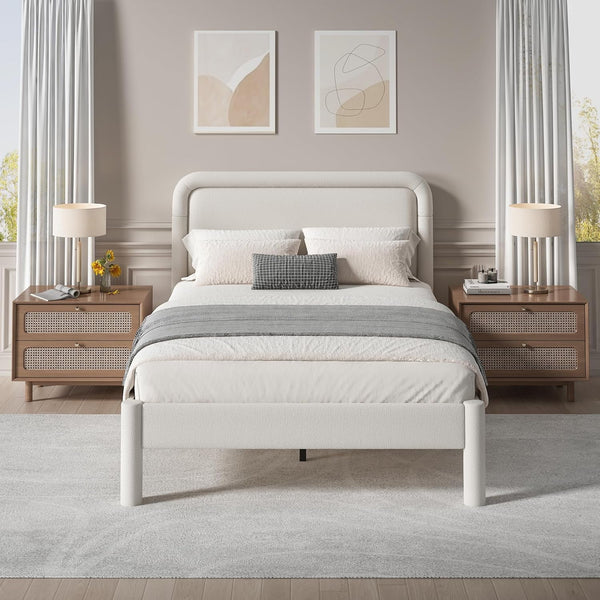Wanan Full Bed Frame, Upholstered Bed Frame with Rounded Corners, Soft Cloud Bed Frame in Modern Style, Noise-Free Structure, Easy Assembly, Cream