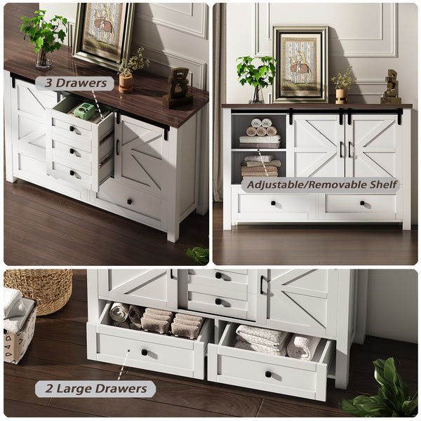 48" Farmhouse w/5 Drawers & 2 Sliding Barn Doors, Dressers& Chests of Drawers, 5 Drawer Dresser TV Stand for Bedroom, Living Room