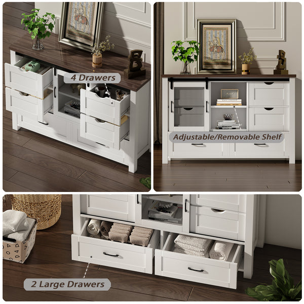48" Farmhouse w/6 Drawers & Sliding Barn Doors, White Dressers& Chests of Drawers, 6 Drawer Dresser TV Stand for Bedroom, Living Room