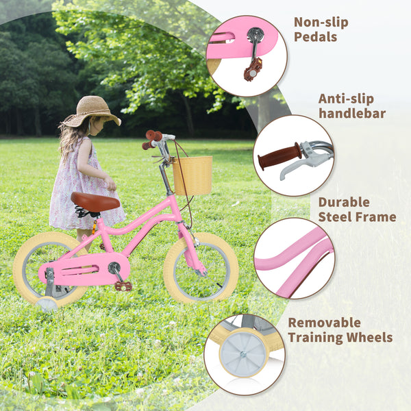 Kids Bike, 14 16 20 inch Girls Bike for 5-14 Girls with Training Wheels, Kickstand, Retro Design Kids' Bicycles with Basket, Girls Bicycle