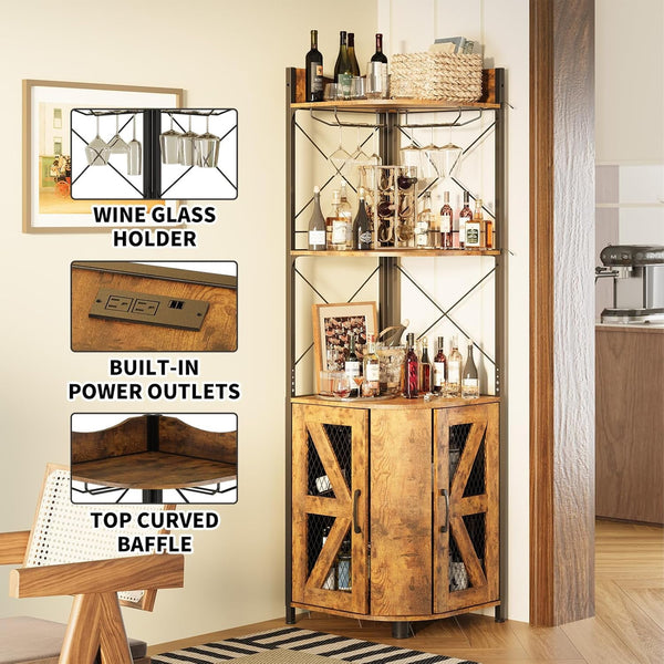 Corner Bar Cabinet with RGB LED Lights and Power Outlet, 63 Inch, 5-Tier Industrial Corner Wine Cabinet with Glass Holder, Corner Liquor Cabinet for Home, Coffee Bar Cabinet