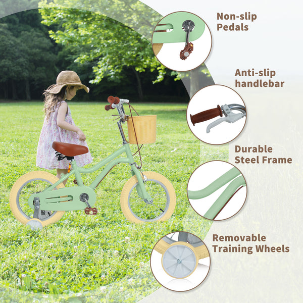 Kids Bike, 14 16 20 inch Girls Bike for 5-14 Girls with Training Wheels, Kickstand, Retro Design Kids' Bicycles with Basket, Girls Bicycle