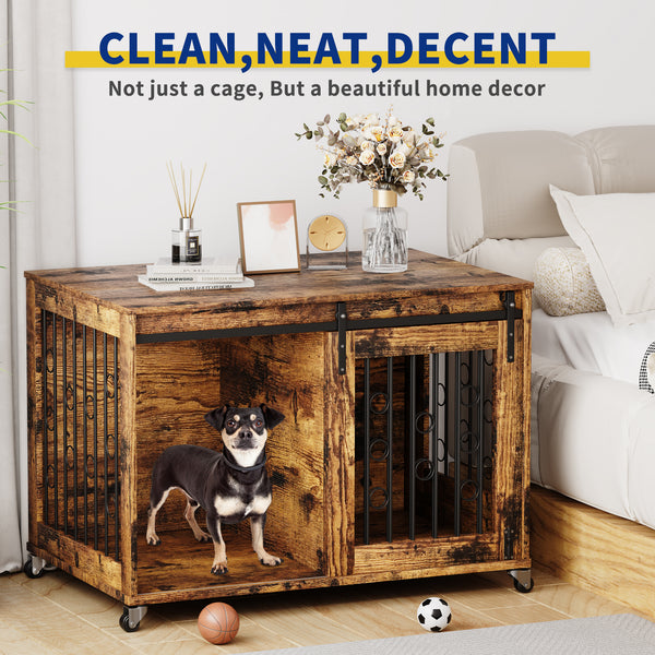 Stylish Dog Crate Furniture with Sliding Barn Door - 39'' Movable Crate with Wheels, Side Door, Detachable Divider, and Flip-Top Design for Small to Medium Dogs