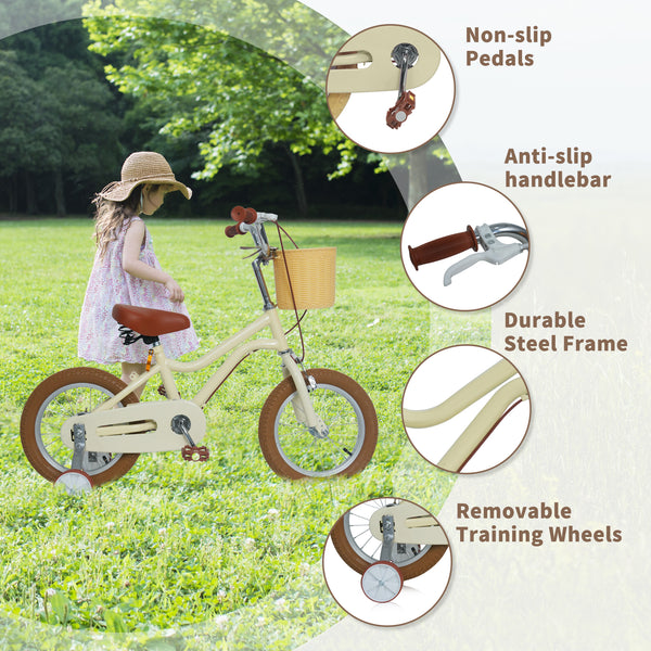 Kids Bike, 14 16 20 inch Girls Bike for 5-14 Girls with Training Wheels, Kickstand, Retro Design Kids' Bicycles with Basket, Girls Bicycle