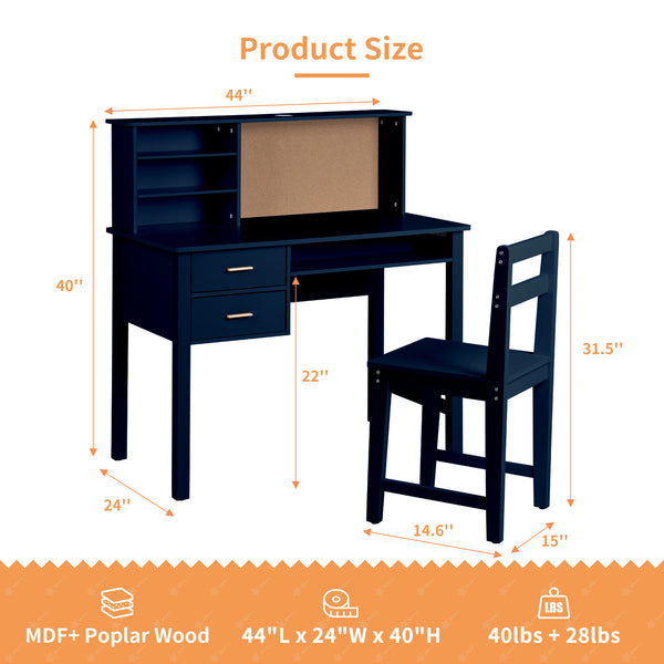 linor Kids Desk and Chair Set, Wooden Children Study Table with Hutch/Drawer & Bulletin Board, Student Study Desks Computer Desk Art Desk for Bedroom Study Room