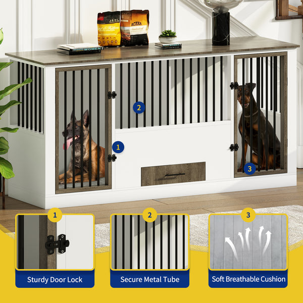 Dog Crate Furniture with 4 Stainless Steel Bowls, Wood Dog Crate End Table with Tray and Cushion, Double Dog Crate for 2 Dogs, Wooden Dog Cage Dog Kennel Indoor (Brown)