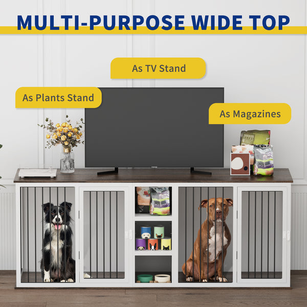 Large Dog Crate Furniture for 2 Dogs, 79.5'' Indoor Dog Kennel with Adjustable Shelves, All Steel Frame Heavy Duty Dog Crate with Wood Top, Double Dog Cage for Small Medium Large Dogs