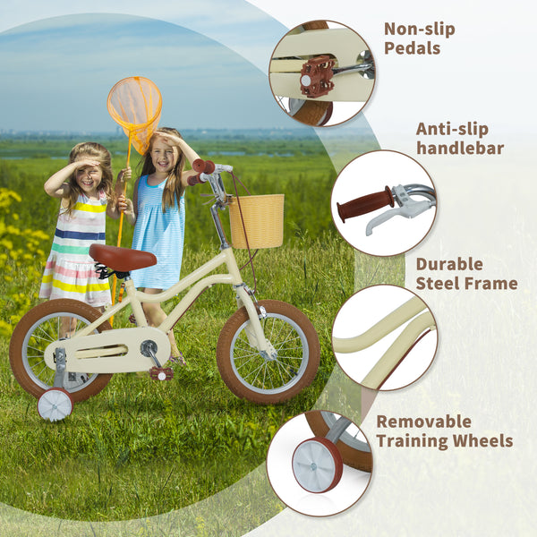 Kids Bike, 14 16 20 inch Girls Bike for 5-14 Girls with Training Wheels, Kickstand, Retro Design Kids' Bicycles with Basket, Girls Bicycle