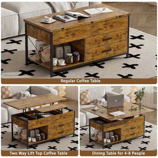 Lift Top Coffee Table, 4 in 1 Multi-Function Coffee Tables with Open Shelf and 2 Drawers, Coffee Table for Living Room, Dining Reception Room, Home Office