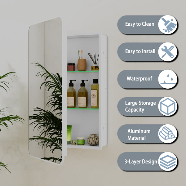 Medicine Cabinet with Mirror 16'' x 24'' Aluminum Recessed Medicine Cabinet with Mirror, Adjustable Glass Shelf, Corrosion Resistant Bathroom Mirror with Storage Wall Mounted (16'' x 24'' Single Door)