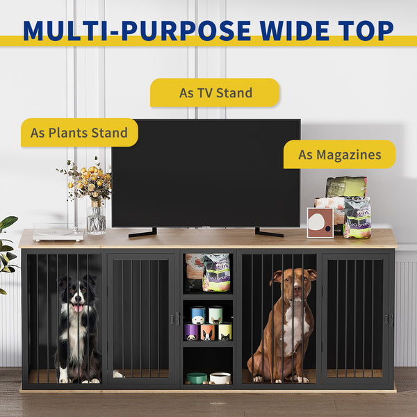 Large Dog Crate Furniture for 2 Dogs, 79.5'' Indoor Dog Kennel with Adjustable Shelves, All Steel Frame Heavy Duty Dog Crate with Wood Top, Double Dog Cage for Small Medium Large Dogs